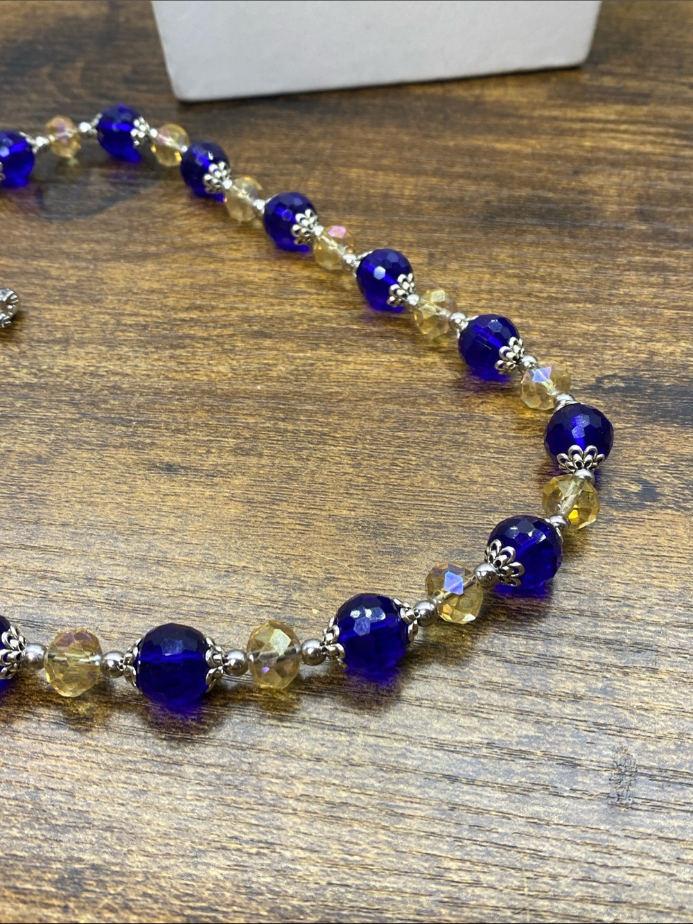 Royal Blue and Champagne Glass necklace silver accent Aprilsplace 20 inch - Picture 7 of 8
